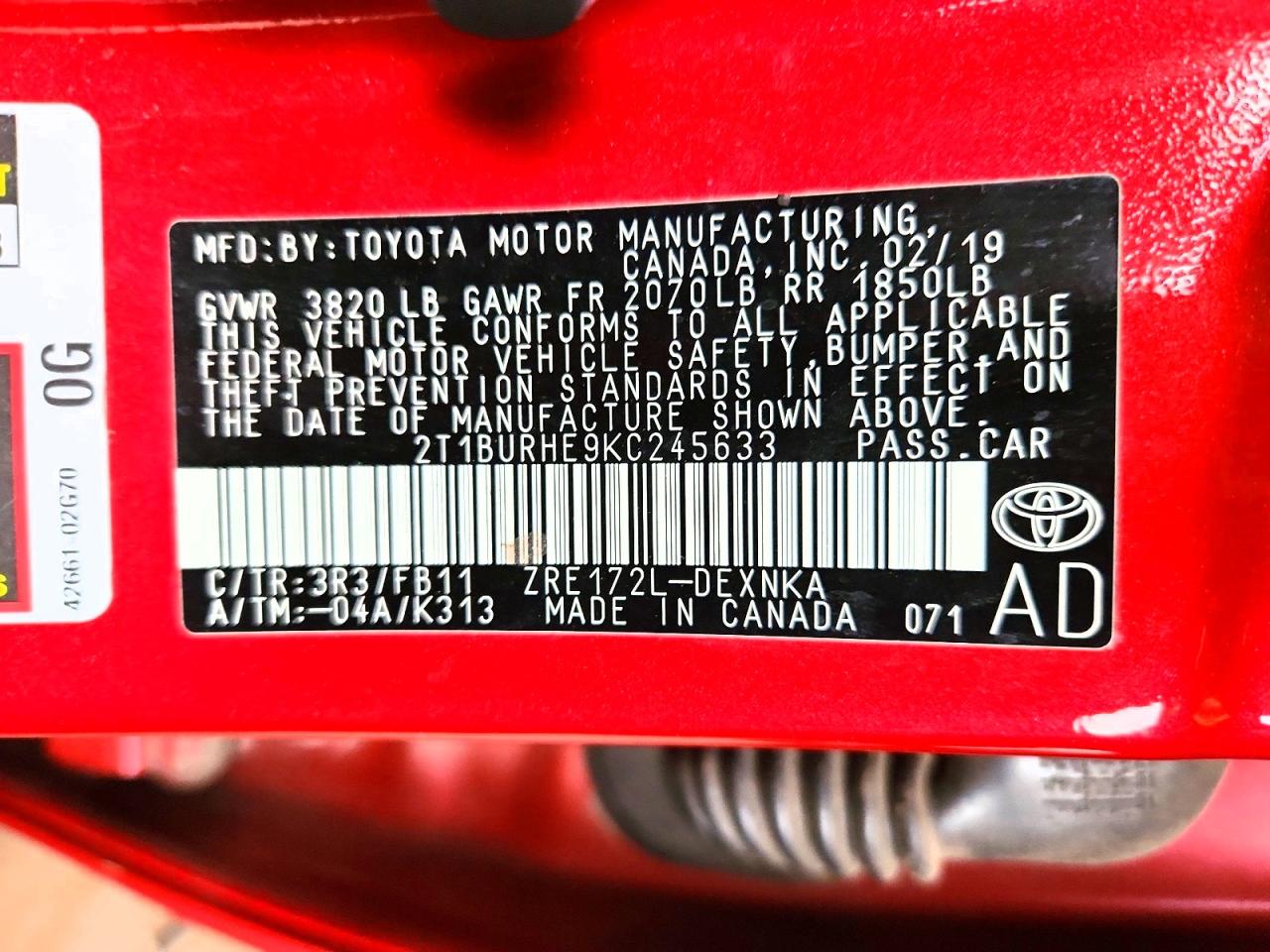 2019 TOYOTA COROLLA L photo 12