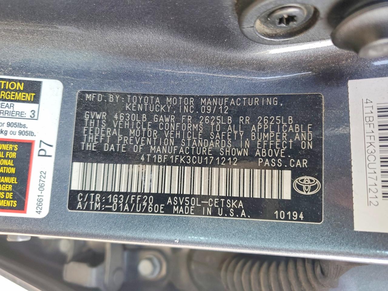 2012 TOYOTA CAMRY BASE photo 12