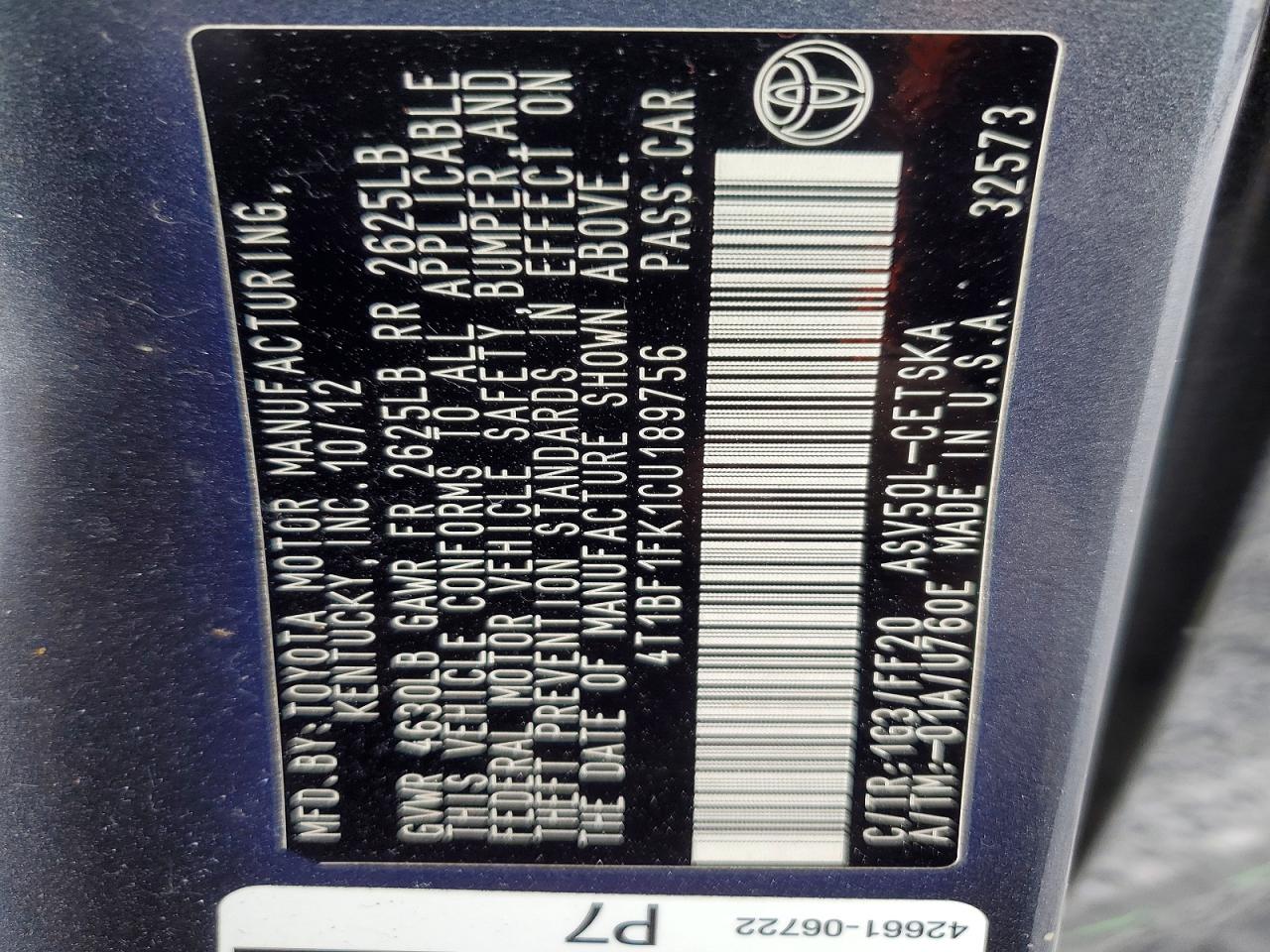 2012 TOYOTA CAMRY BASE photo 12