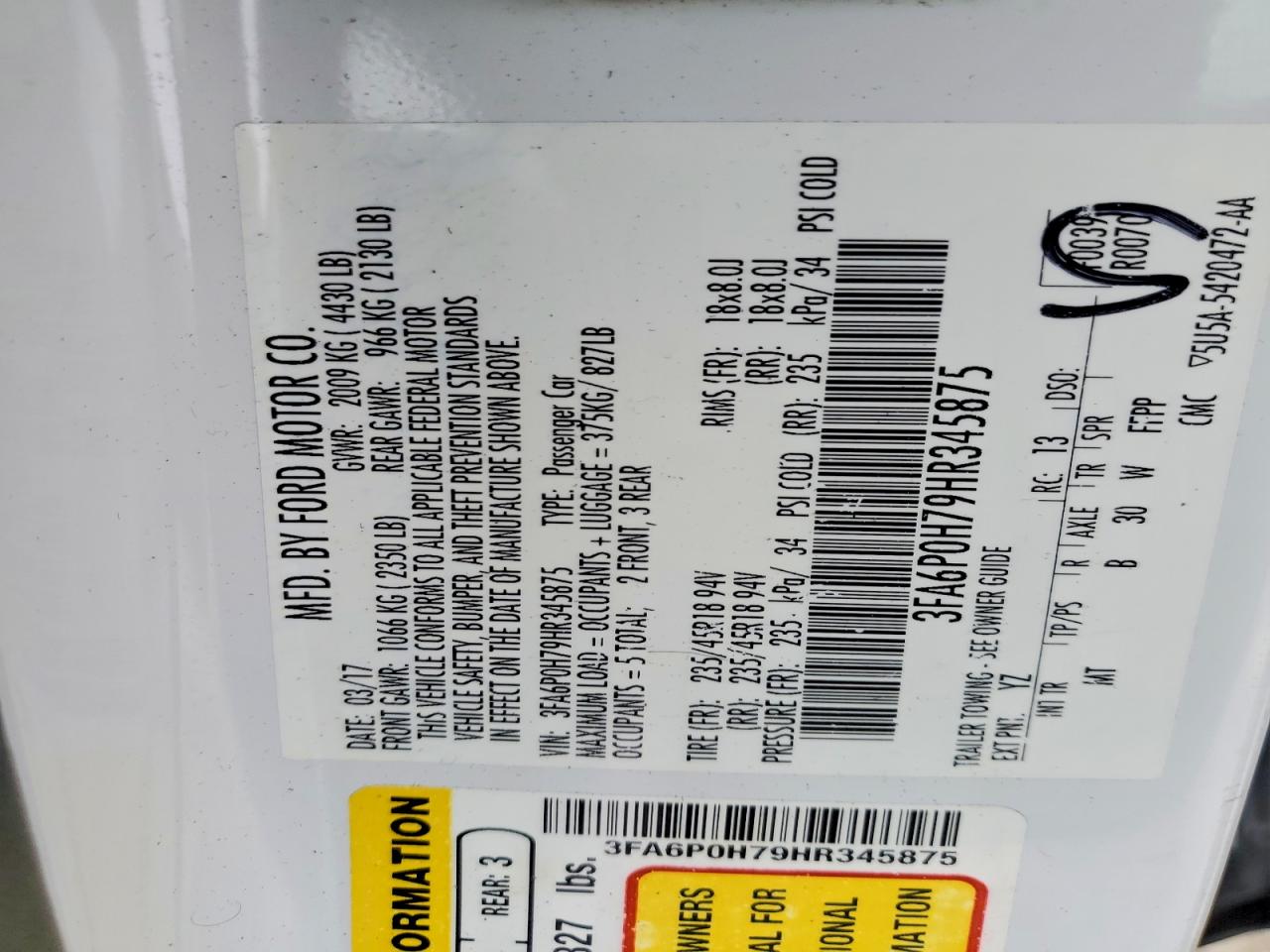 2017 FORD FUSION SE photo 12