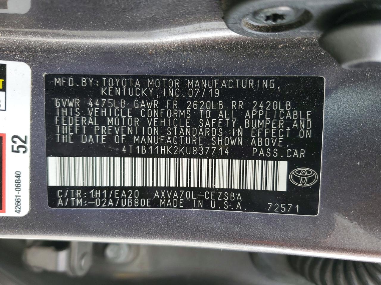 2019 TOYOTA CAMRY L photo 12