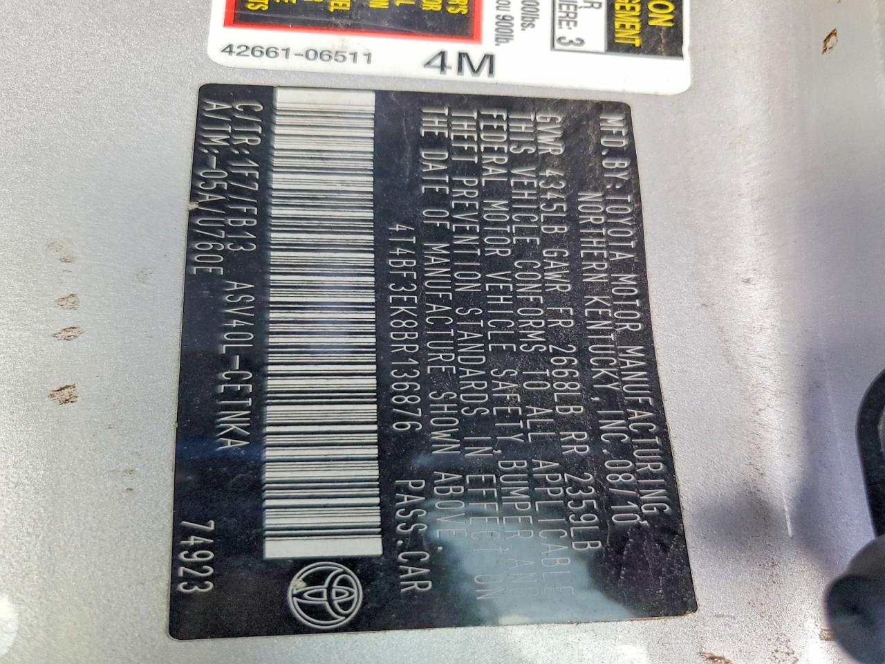 2011 TOYOTA CAMRY BASE photo 12