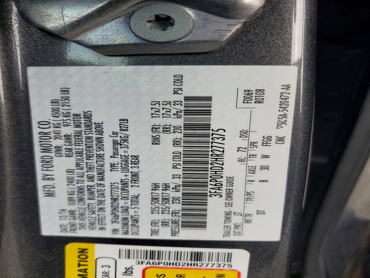 2017 FORD FUSION SE photo 12