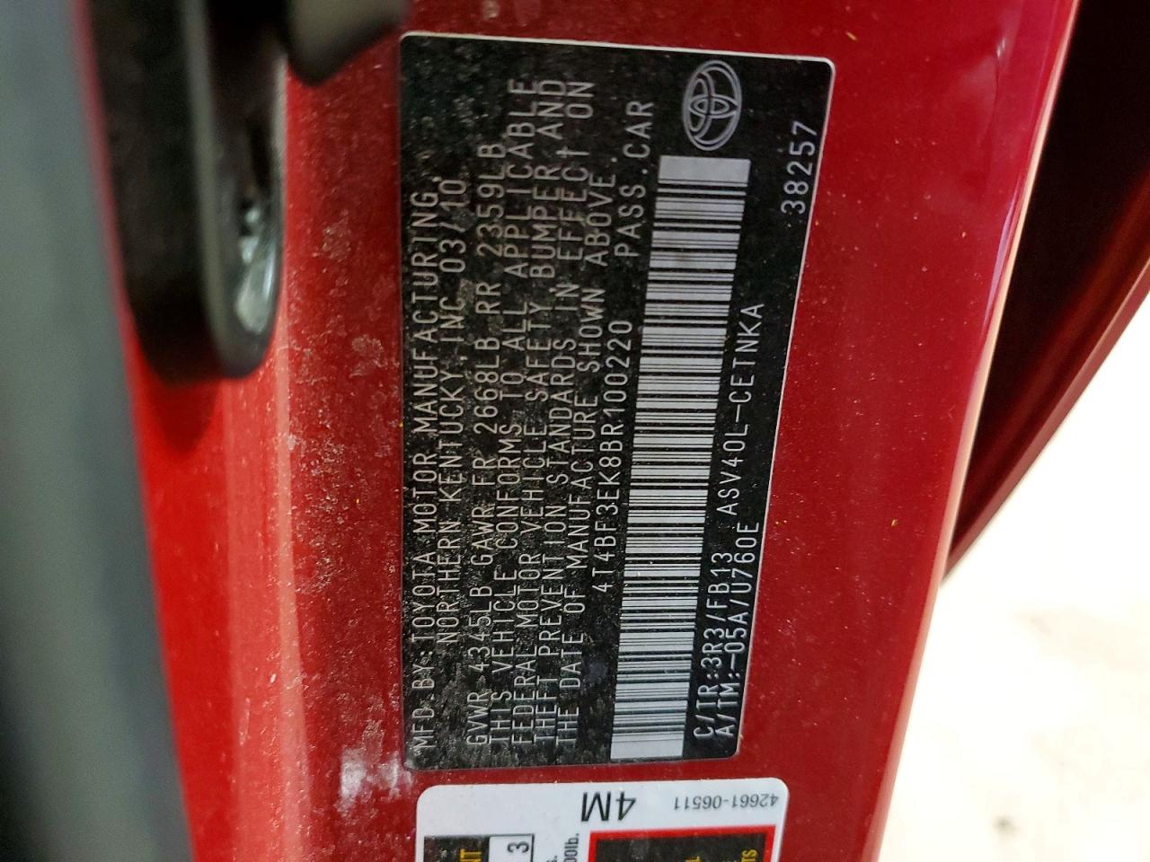2011 TOYOTA CAMRY BASE photo 12