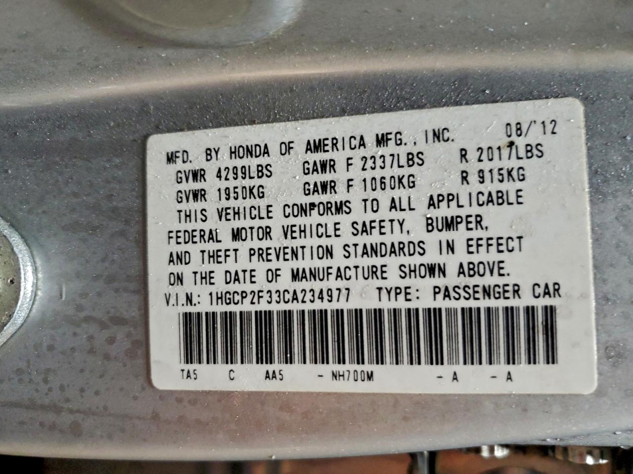 2012 HONDA ACCORD LX photo 34