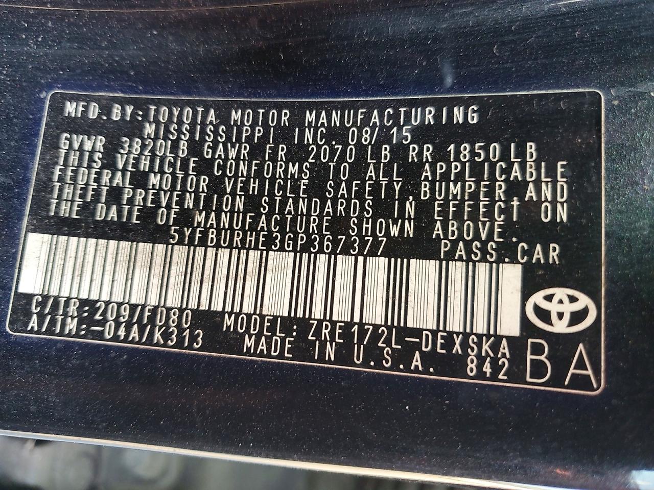 2016 TOYOTA COROLLA L photo 12