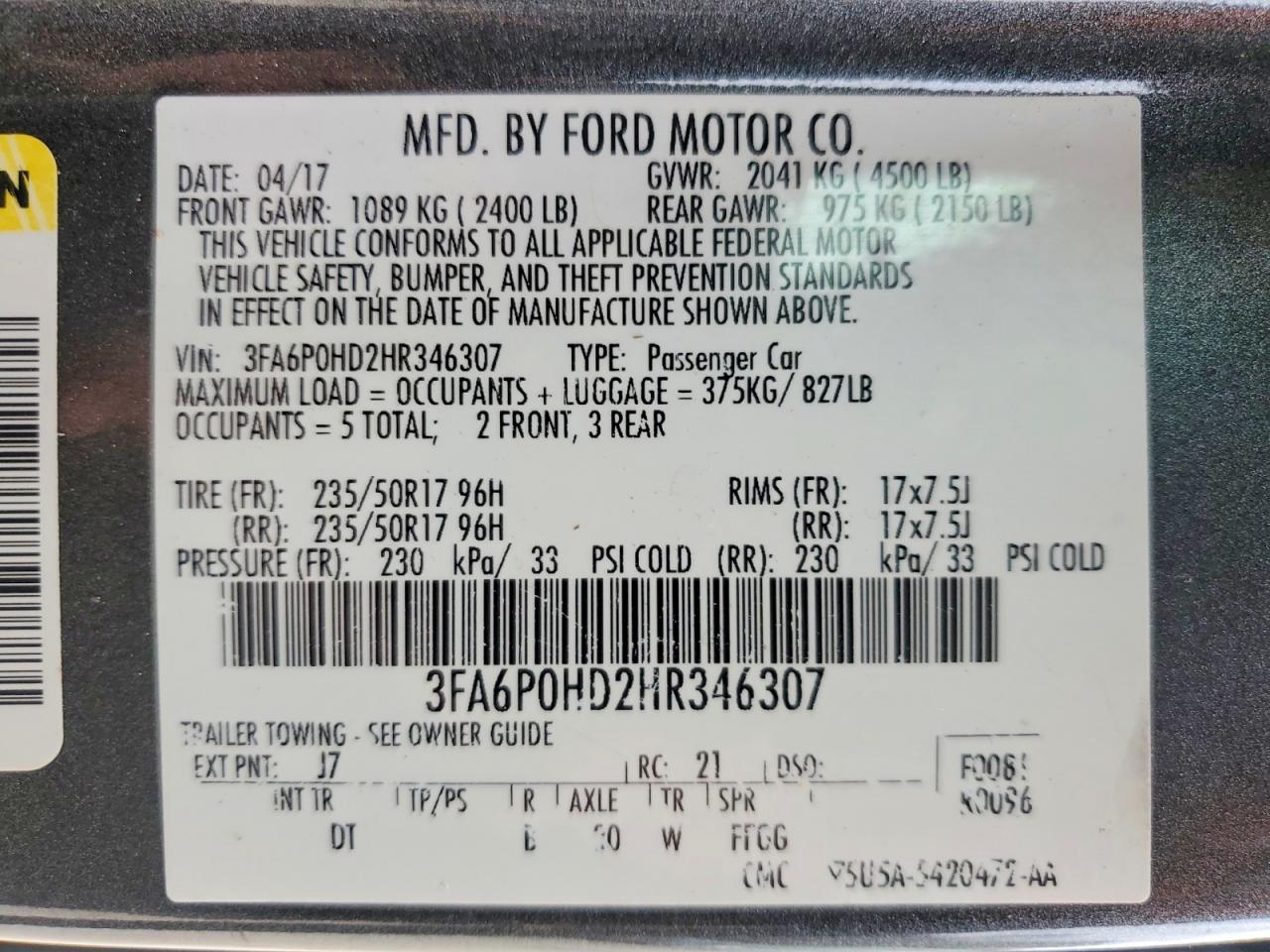 2017 FORD FUSION SE photo 13