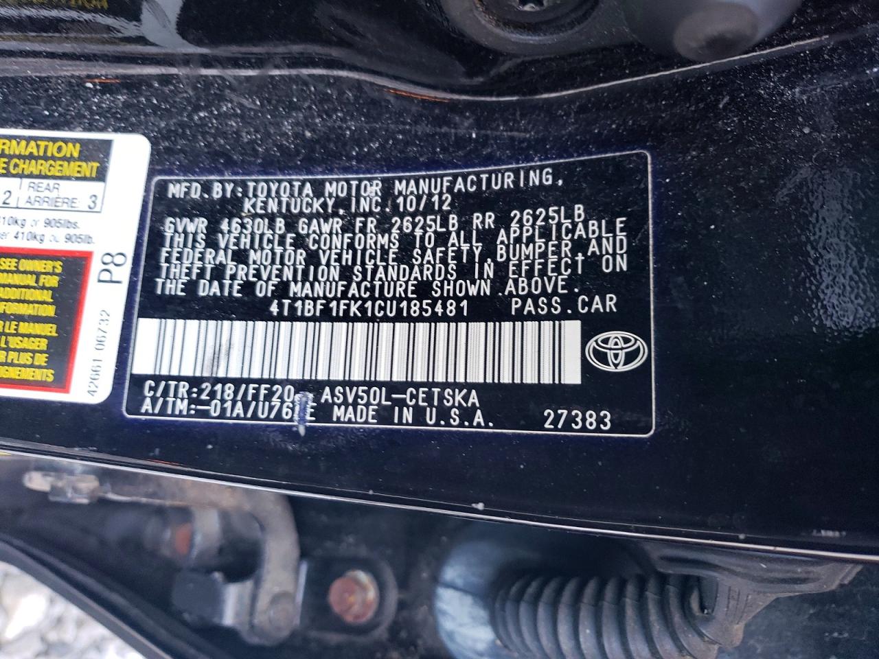 2012 TOYOTA CAMRY BASE photo 12