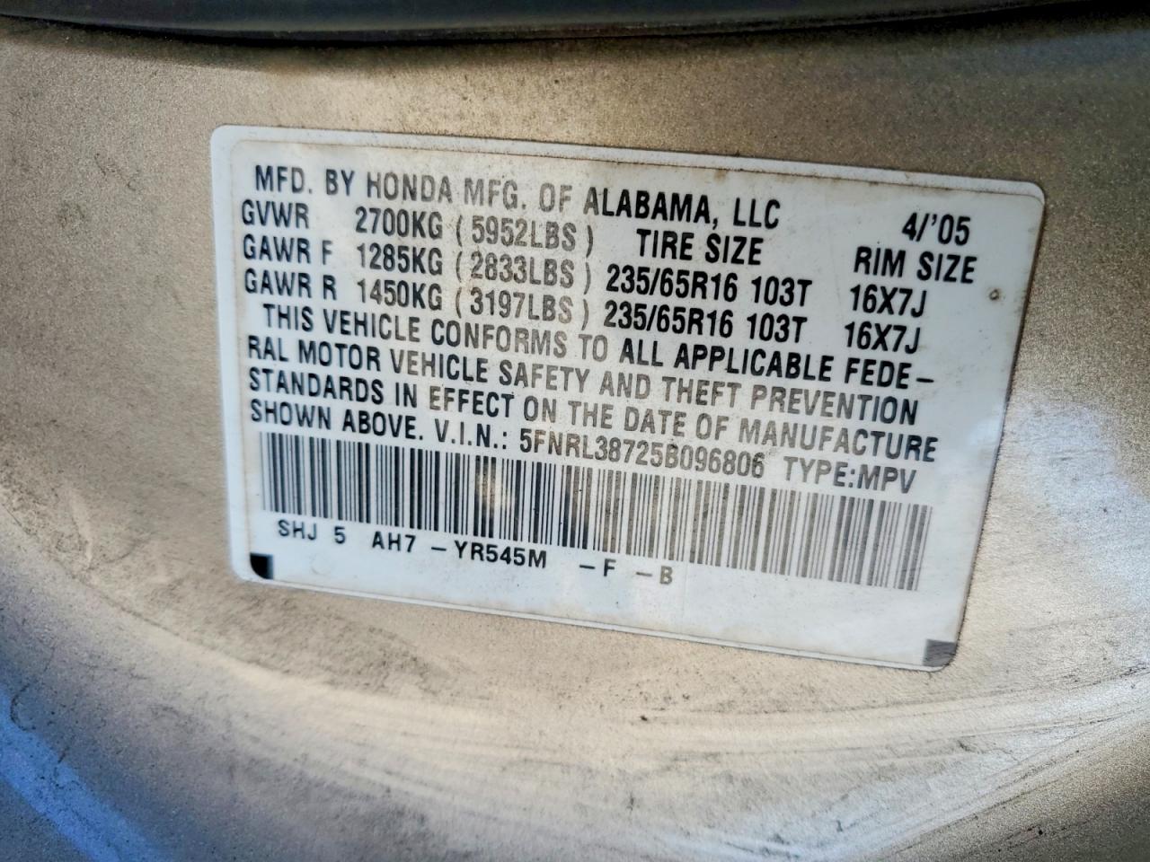 2005 HONDA ODYSSEY EXL photo 14