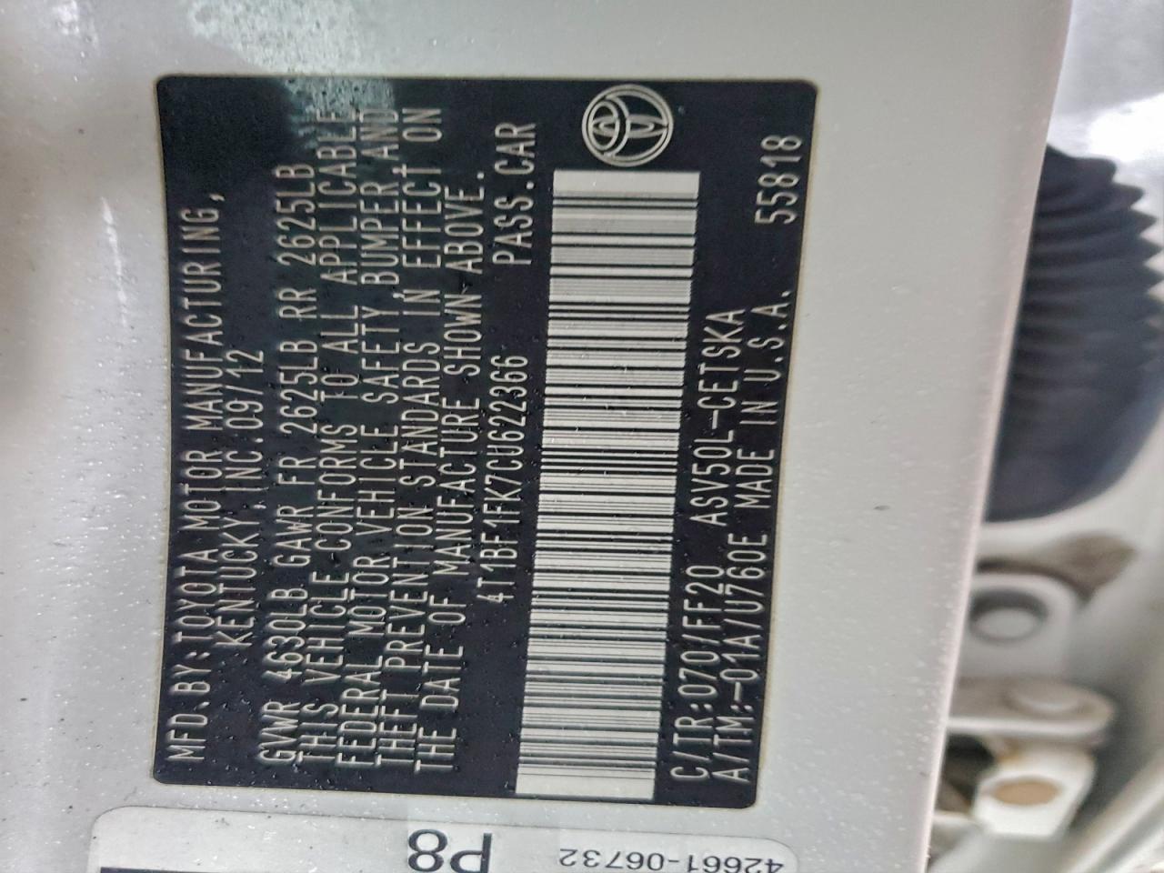 2012 TOYOTA CAMRY BASE photo 12