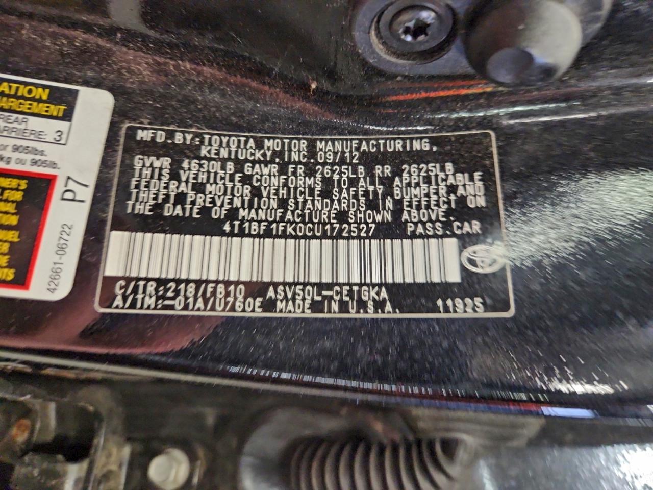 2012 TOYOTA CAMRY BASE photo 12