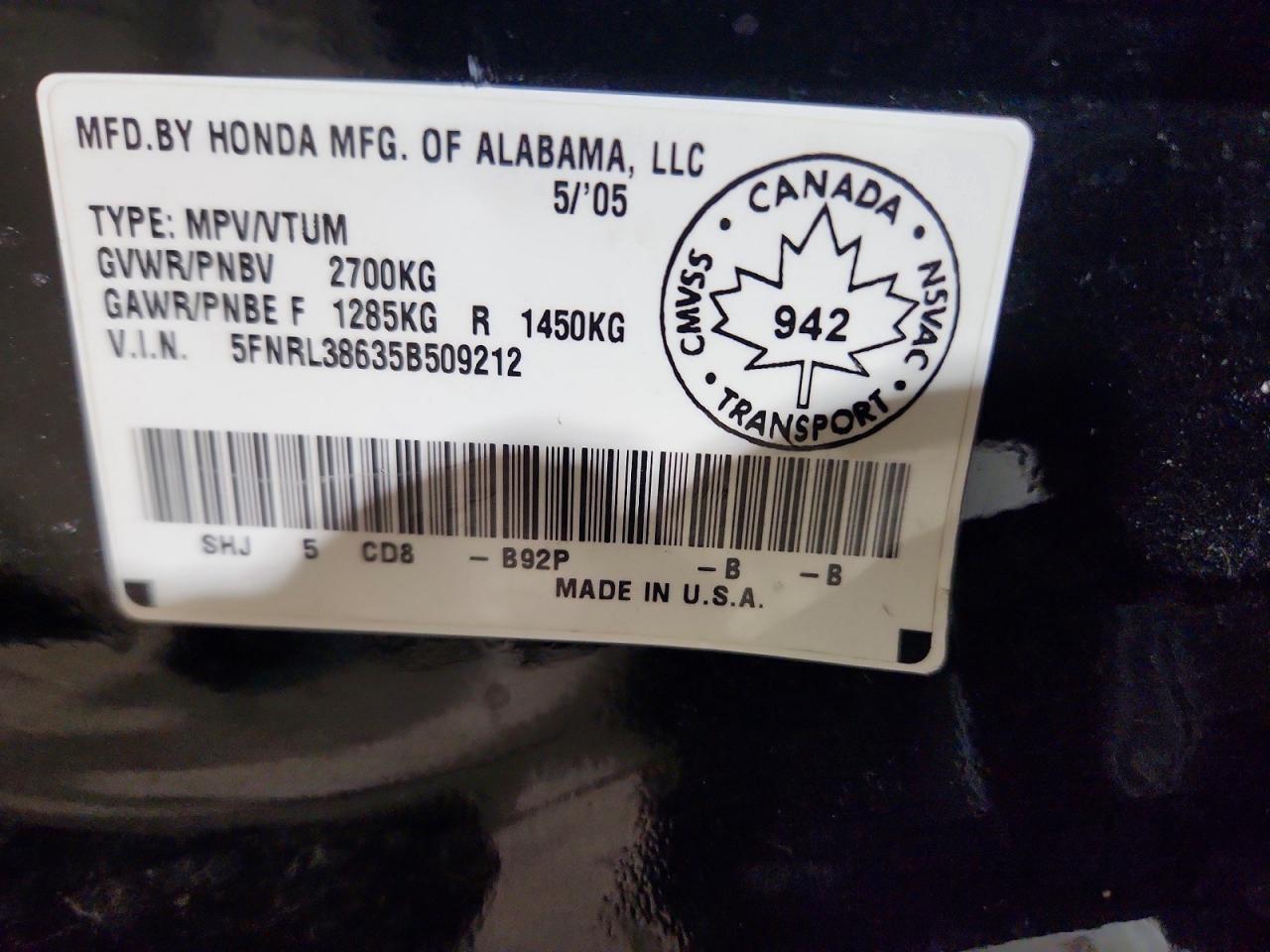 2005 HONDA ODYSSEY EXL photo 13