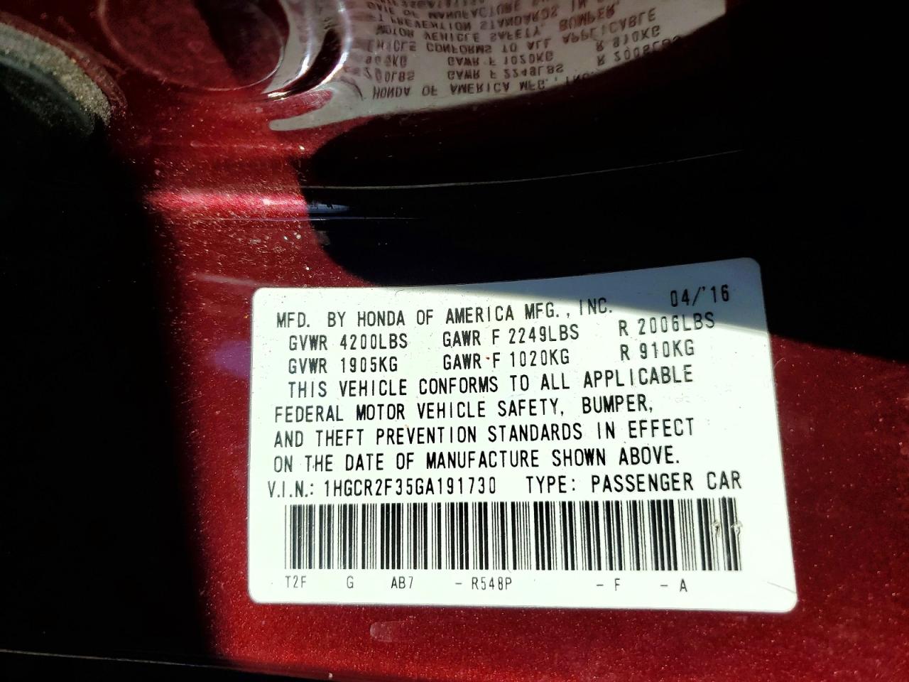 2016 HONDA ACCORD LX photo 12
