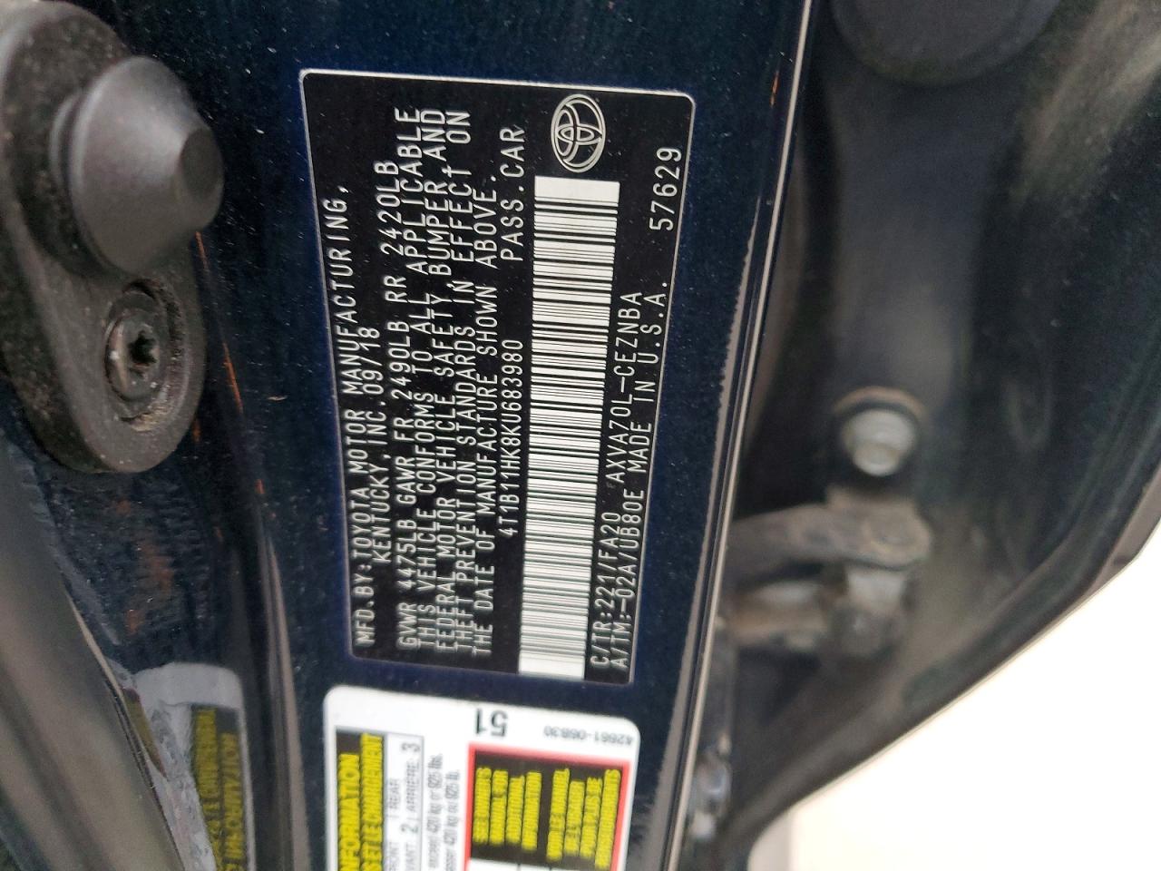 2019 TOYOTA CAMRY L photo 12