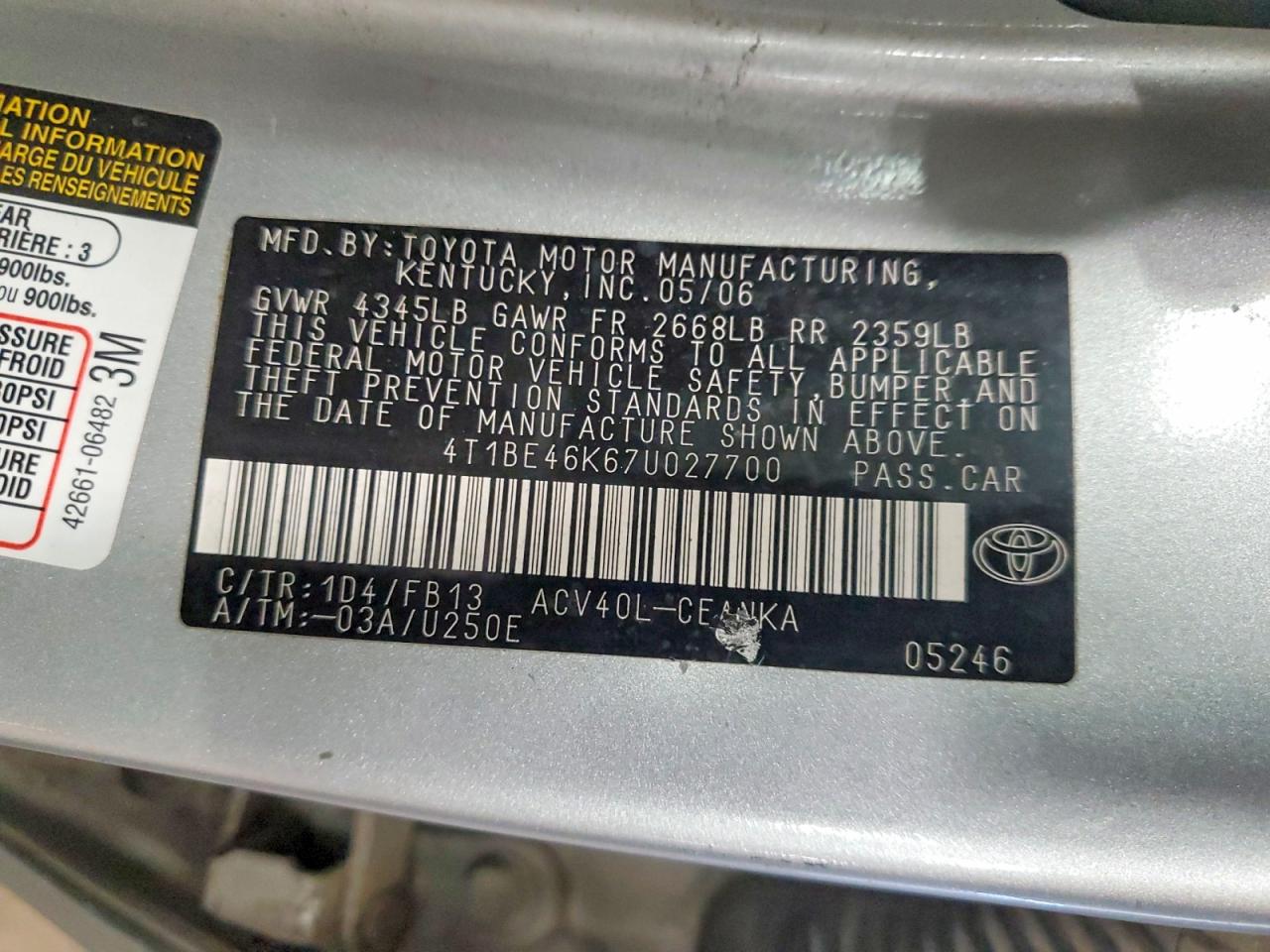 2007 TOYOTA CAMRY CE photo 12