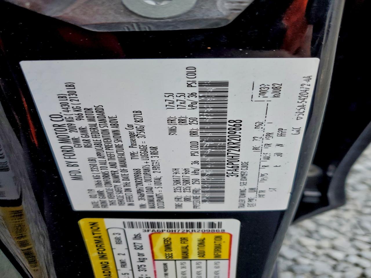 2019 FORD FUSION SE photo 12