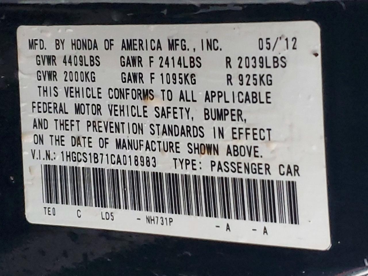 2012 HONDA ACCORD EX photo 12