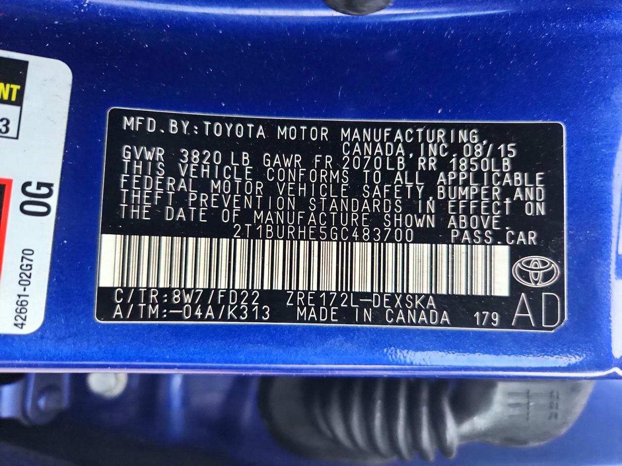 2016 TOYOTA COROLLA L photo 12