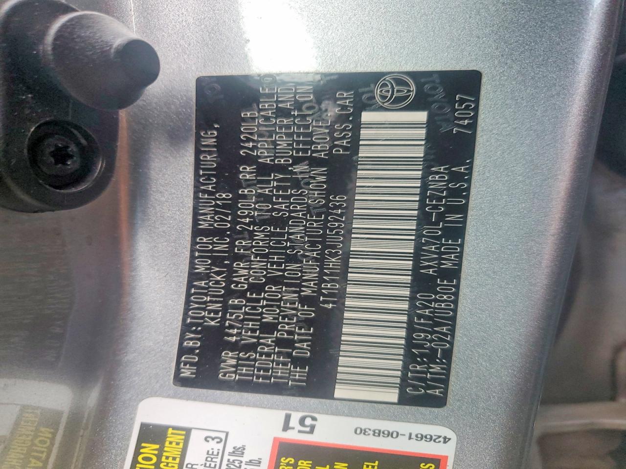 2018 TOYOTA CAMRY L photo 12