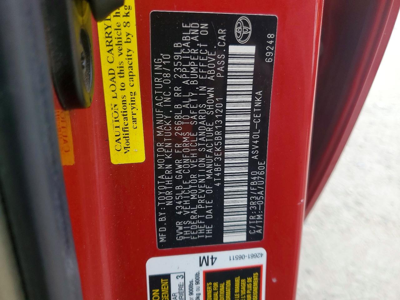 2011 TOYOTA CAMRY BASE photo 12