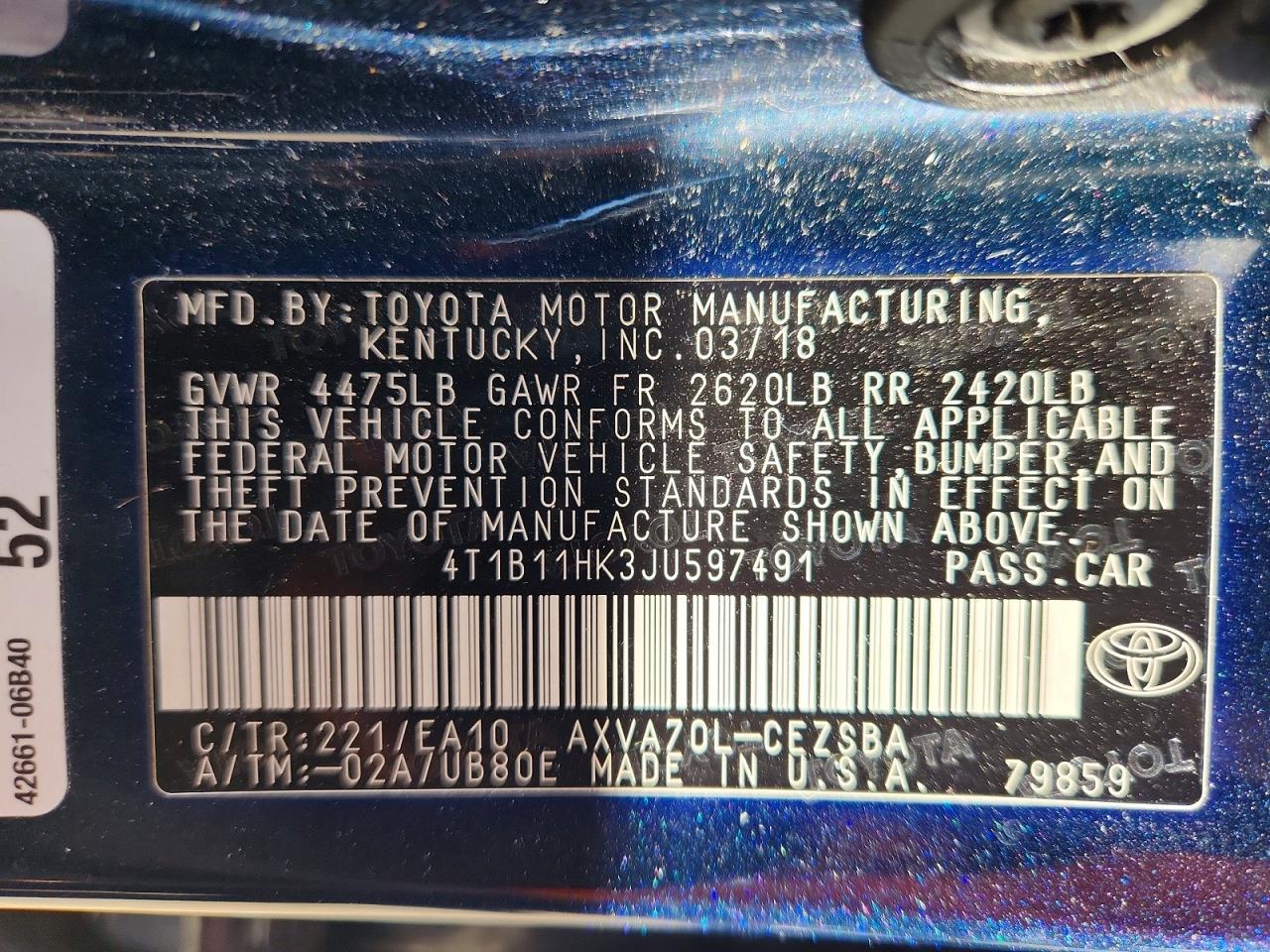 2018 TOYOTA CAMRY L photo 13