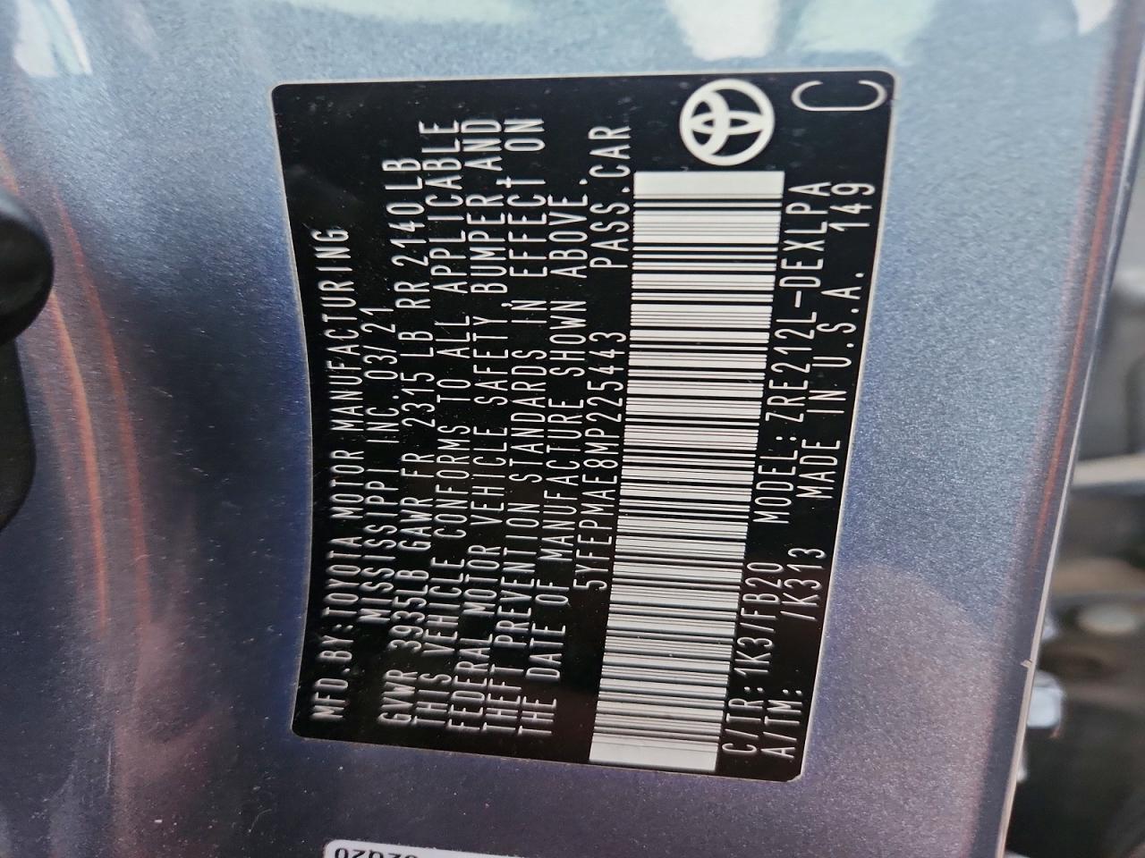 2021 TOYOTA COROLLA LE photo 12