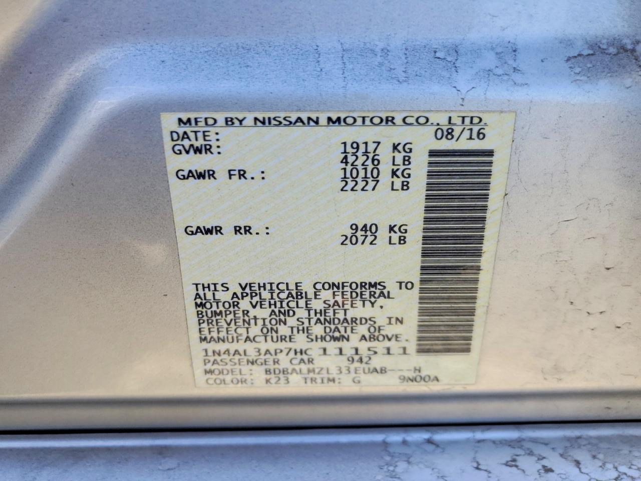 2017 NISSAN ALTIMA 2.5 photo 12