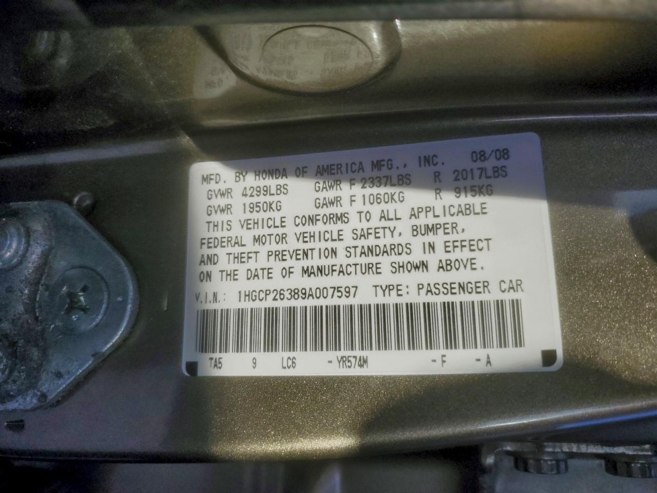 2009 HONDA ACCORD LX photo 12