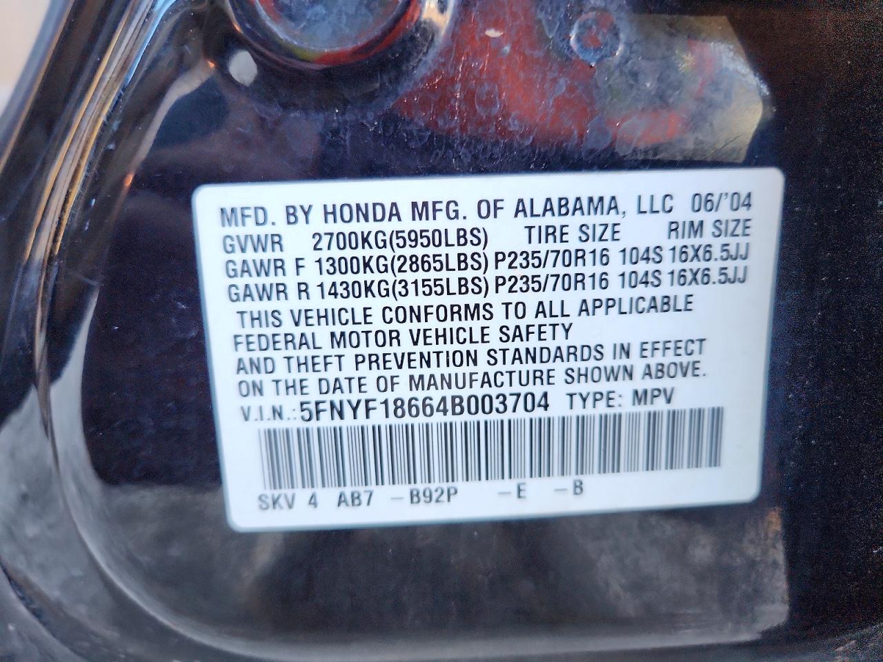 2004 HONDA PILOT EXL photo 13