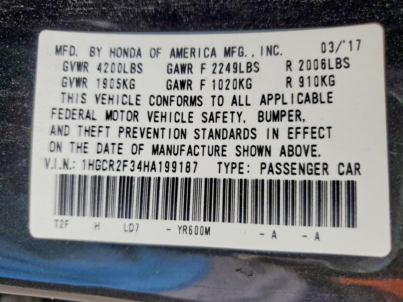 2017 HONDA ACCORD LX photo 12