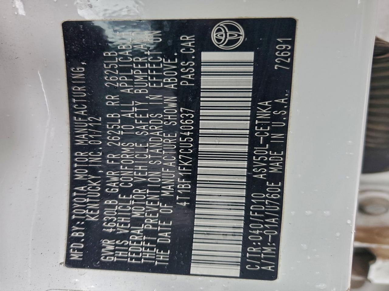 2012 TOYOTA CAMRY BASE photo 12