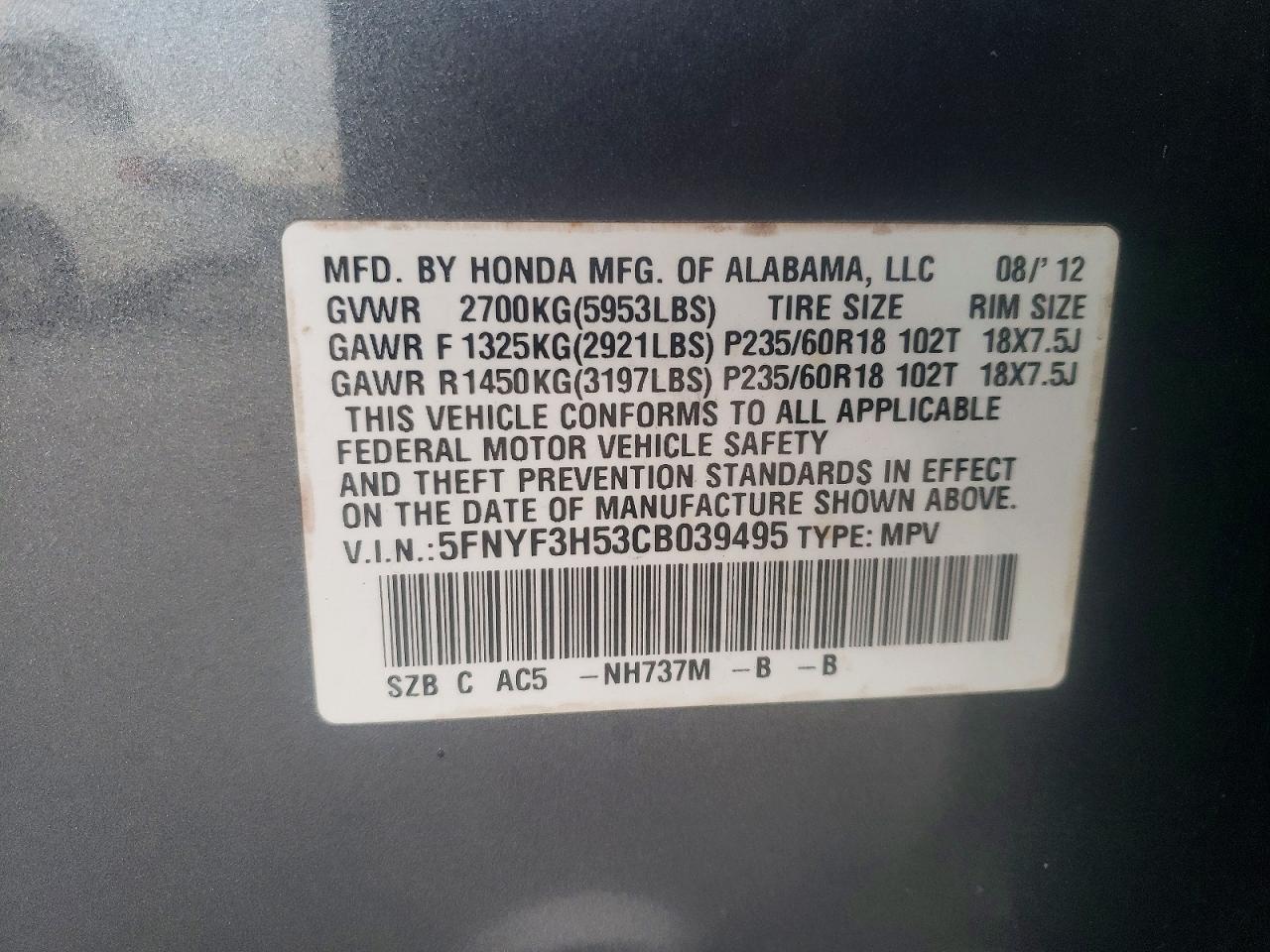 2012 HONDA PILOT EXL photo 13