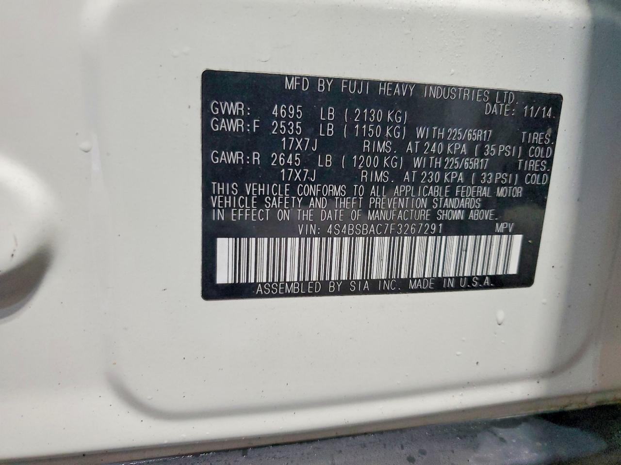 2015 SUBARU OUTBACK 2.5I photo 13