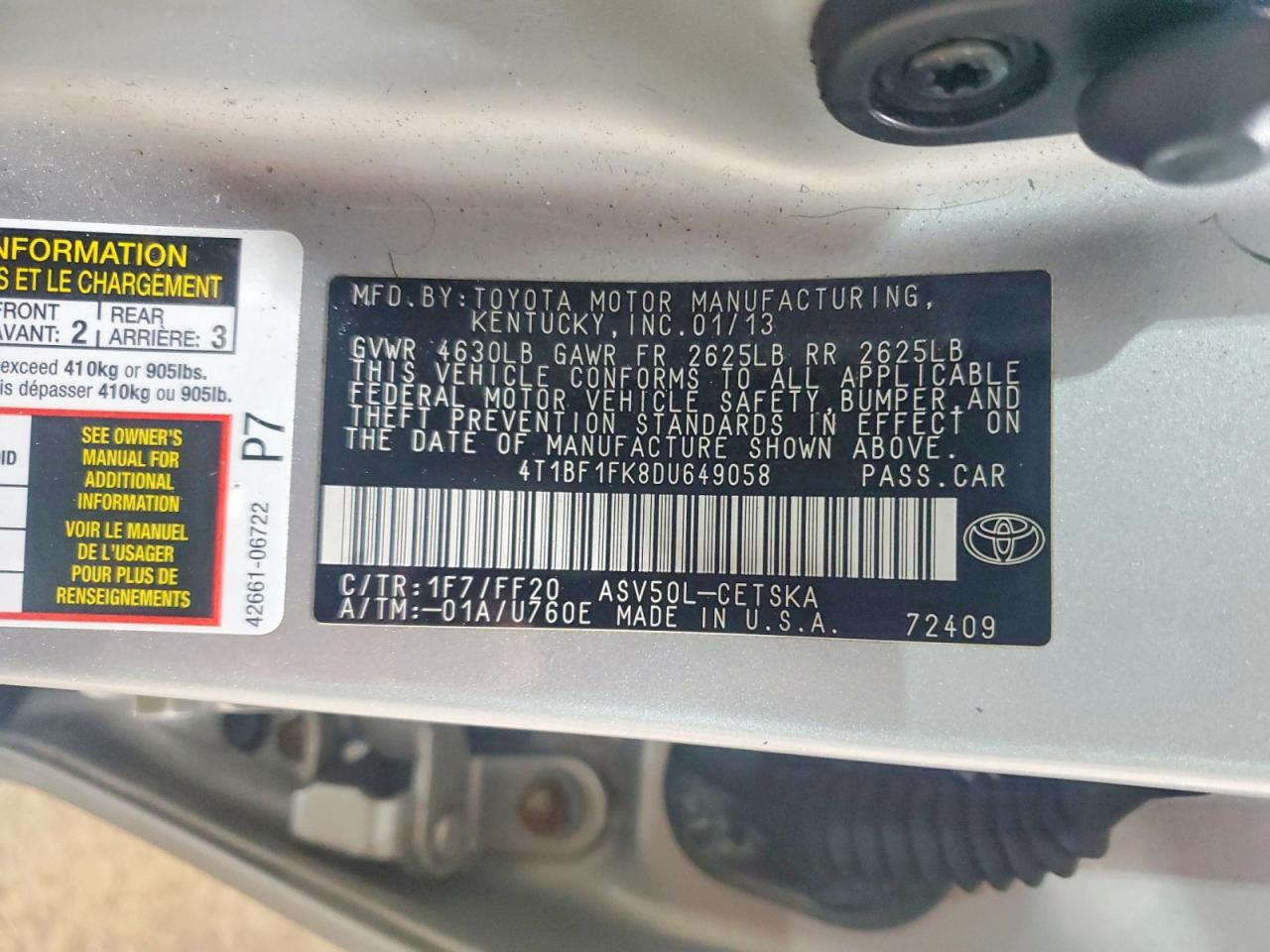2013 TOYOTA CAMRY L photo 12