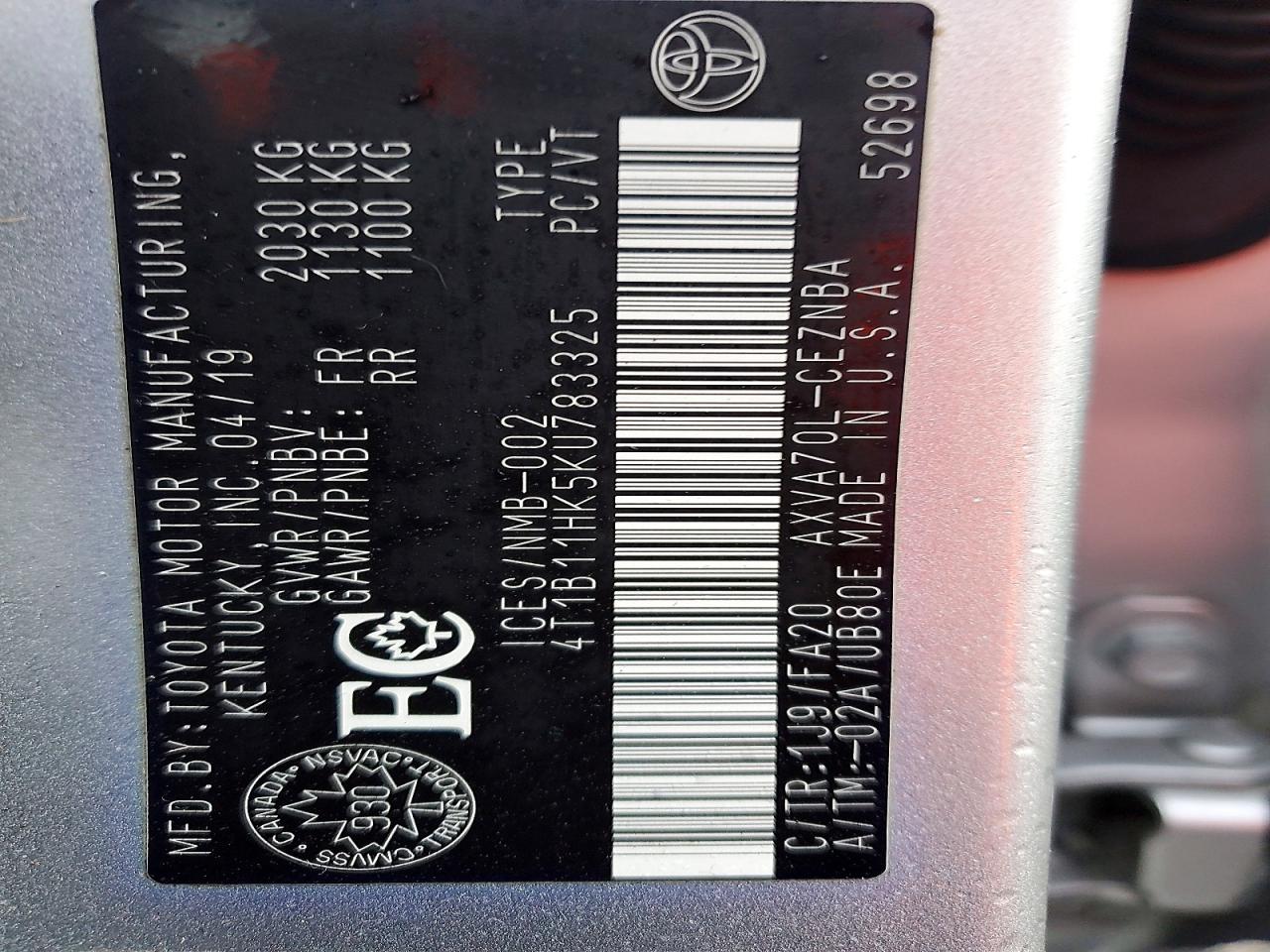 2019 TOYOTA CAMRY L photo 12