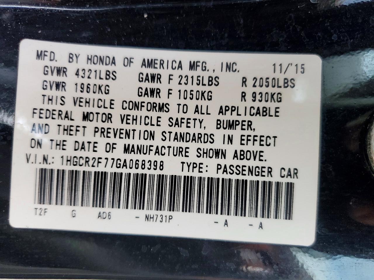 2016 HONDA ACCORD EX photo 12