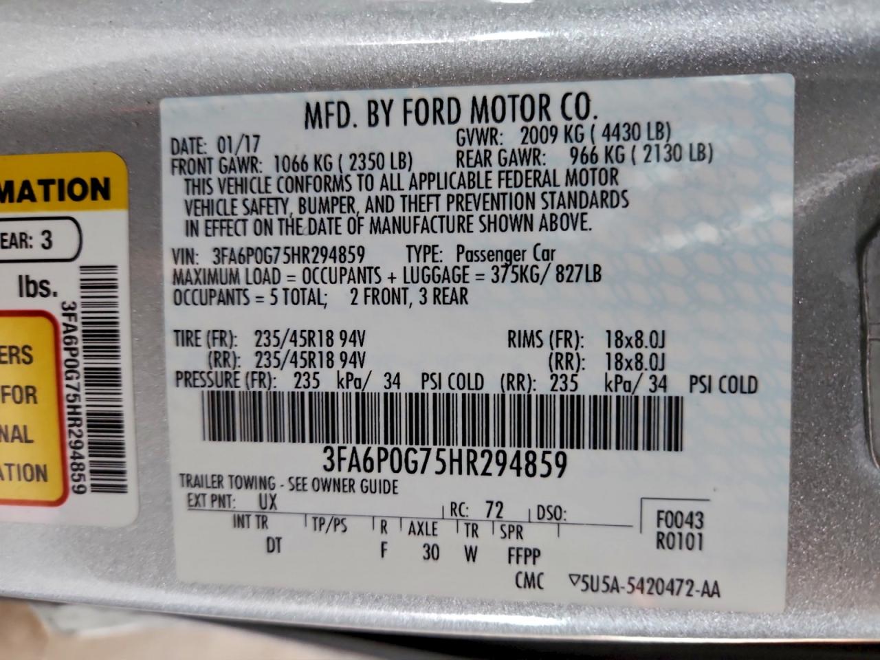 2017 FORD FUSION S photo 12