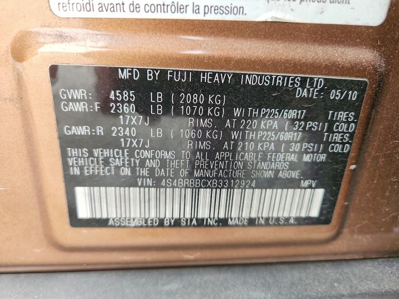 2011 SUBARU OUTBACK 2.5I PREMIUM photo 23