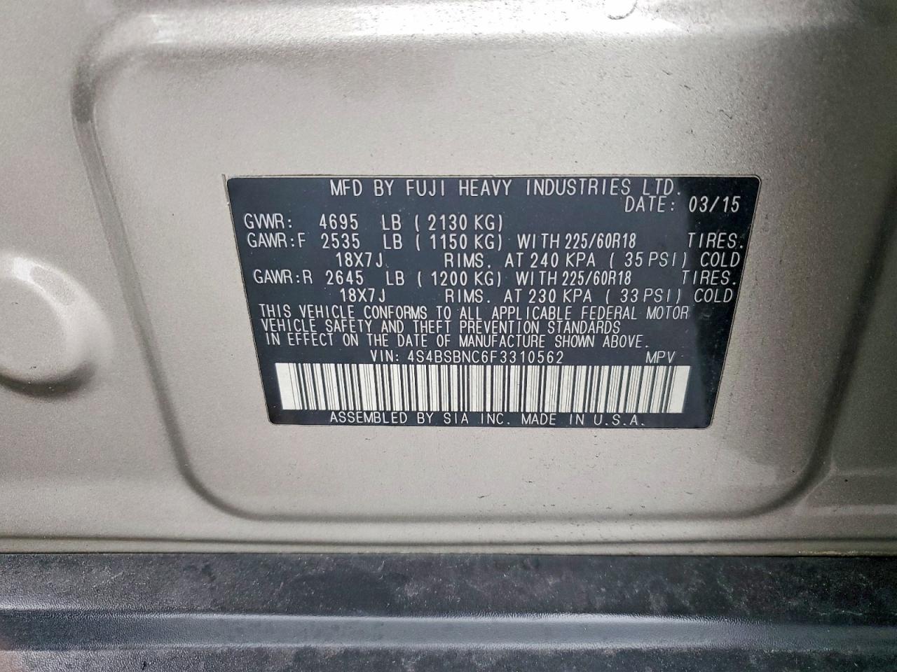 2015 SUBARU OUTBACK 2.5I LIMITED photo 13