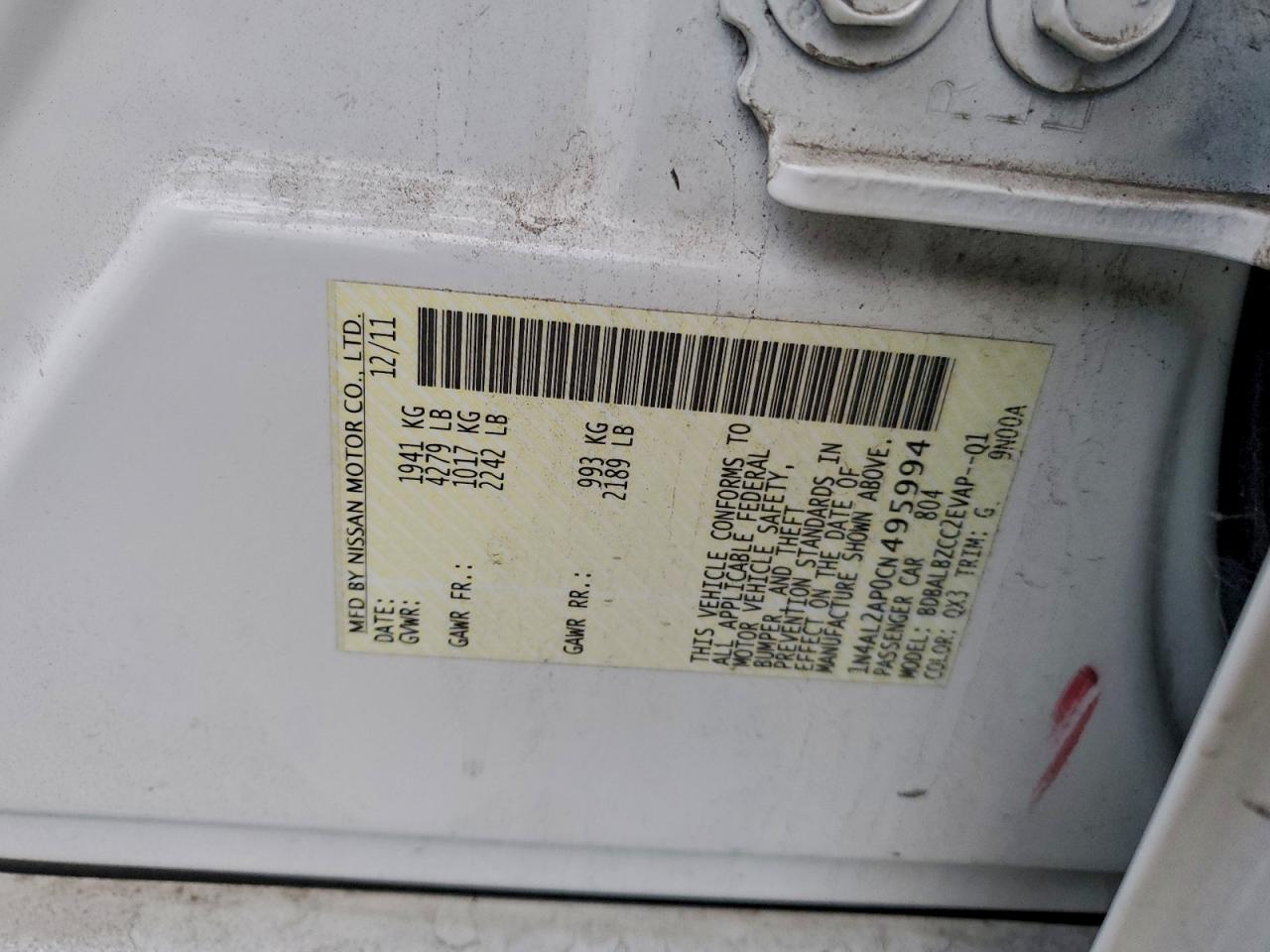 2012 NISSAN ALTIMA BASE photo 12