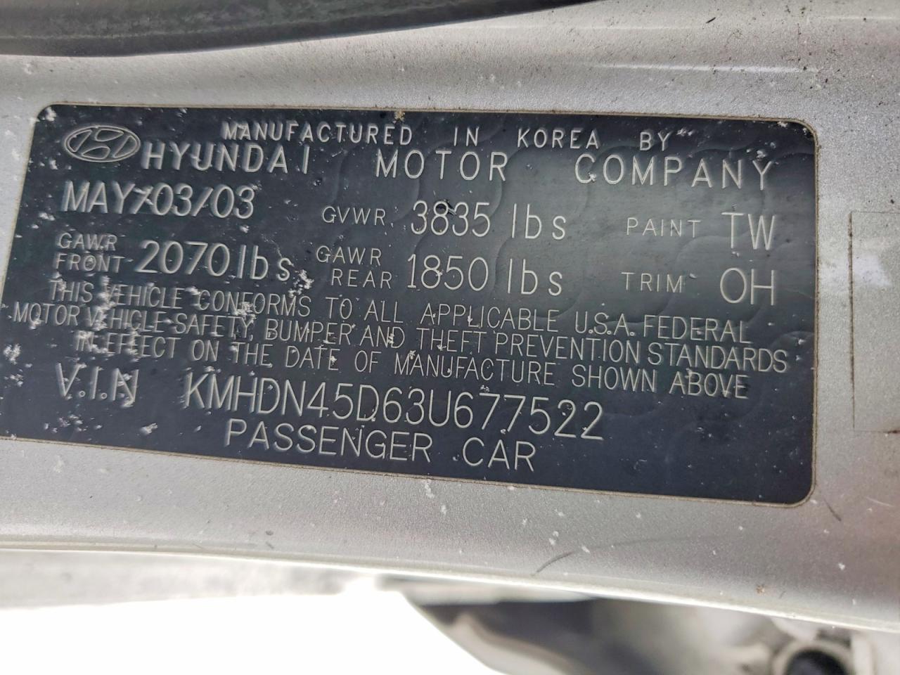 2003 HYUNDAI ELANTRA GLS photo 12