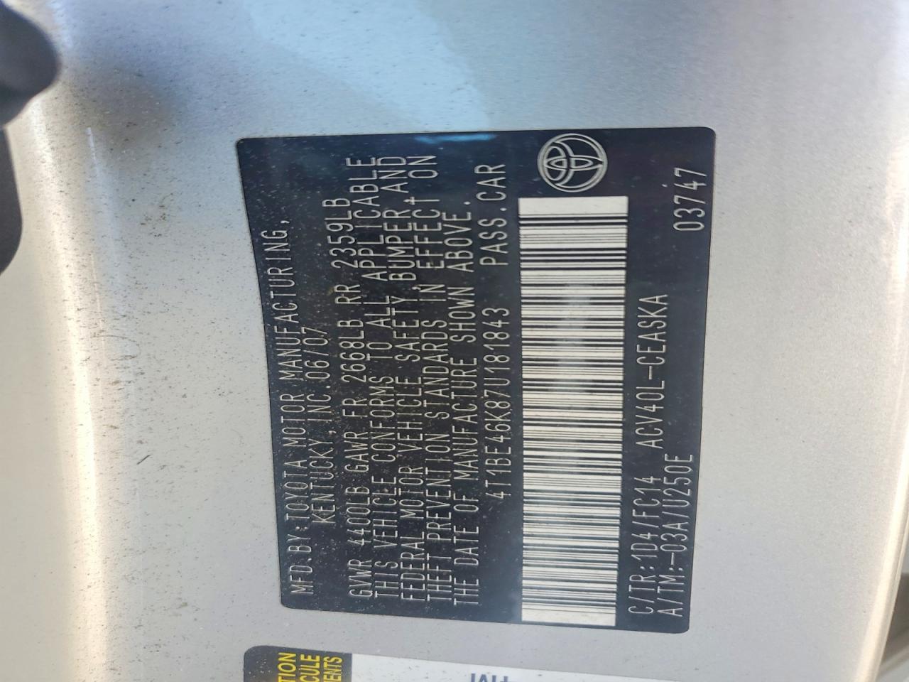 2007 TOYOTA CAMRY CE photo 12