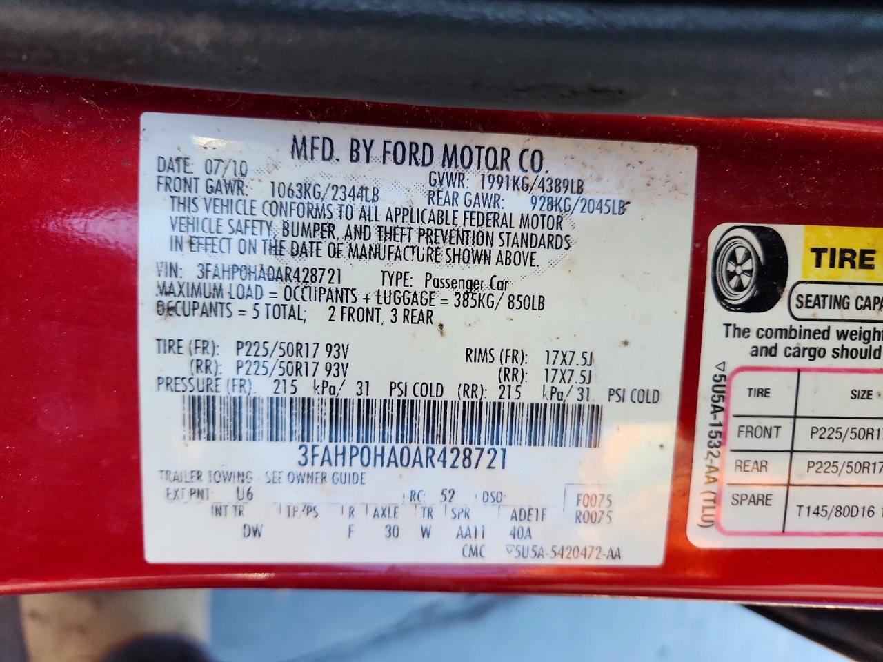 2010 FORD FUSION SE photo 12