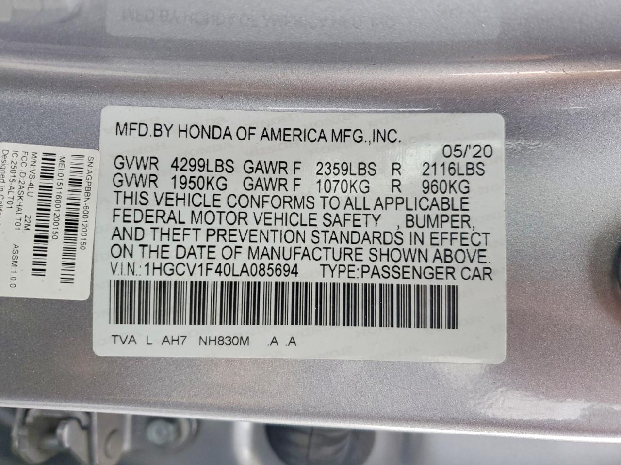 2020 HONDA ACCORD EX photo 12