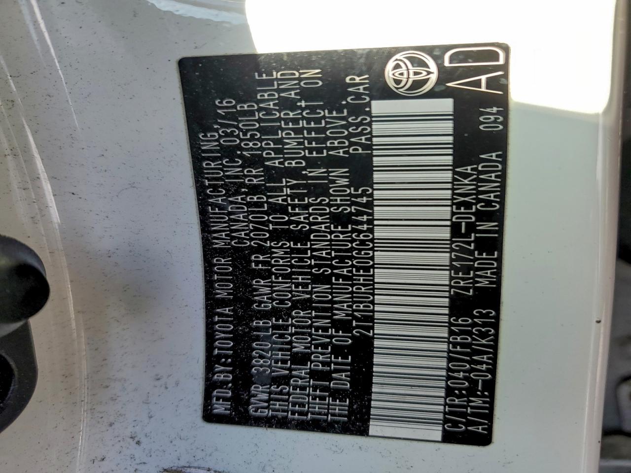 2016 TOYOTA COROLLA L photo 12