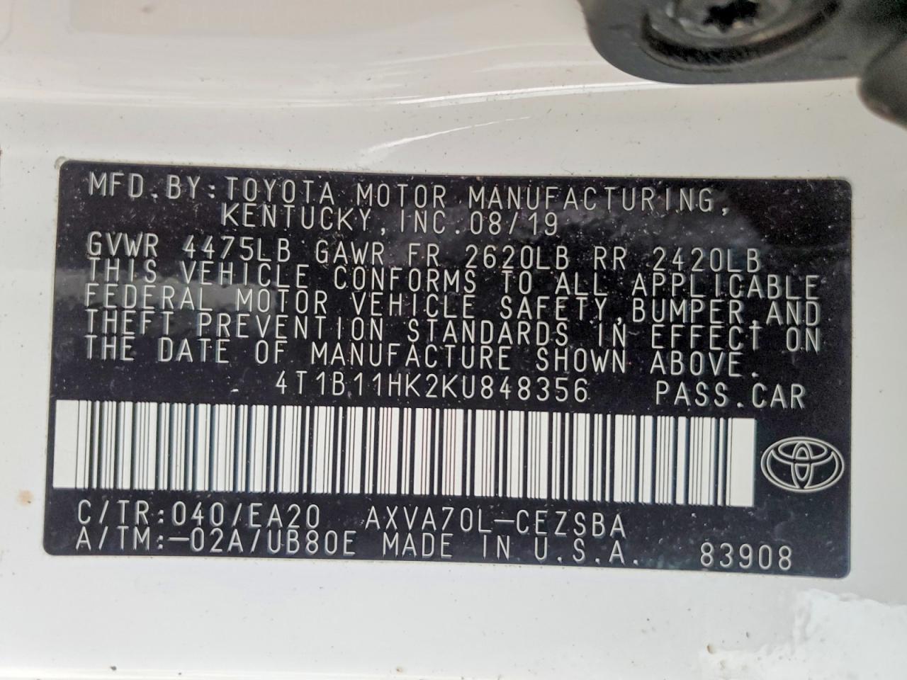 2019 TOYOTA CAMRY L photo 12