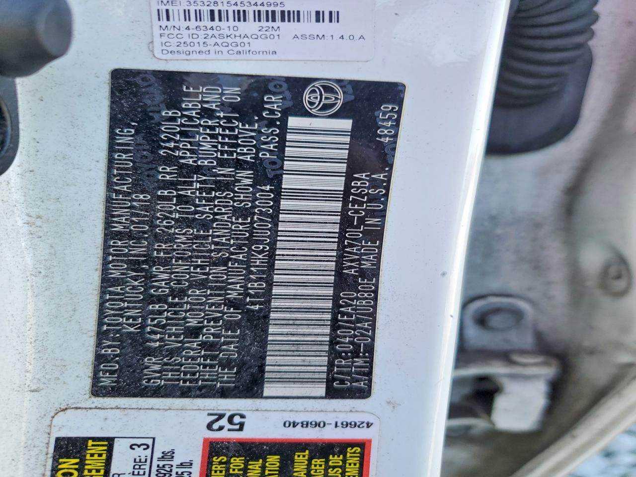 2018 TOYOTA CAMRY L photo 12
