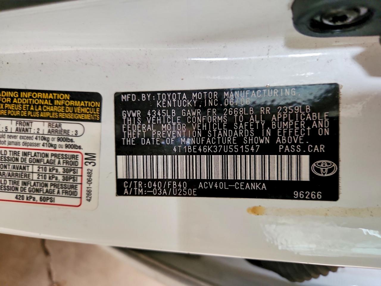 2007 TOYOTA CAMRY CE photo 12