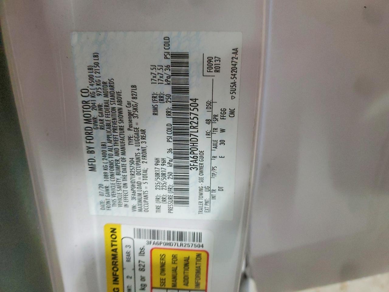2020 FORD FUSION SE photo 12
