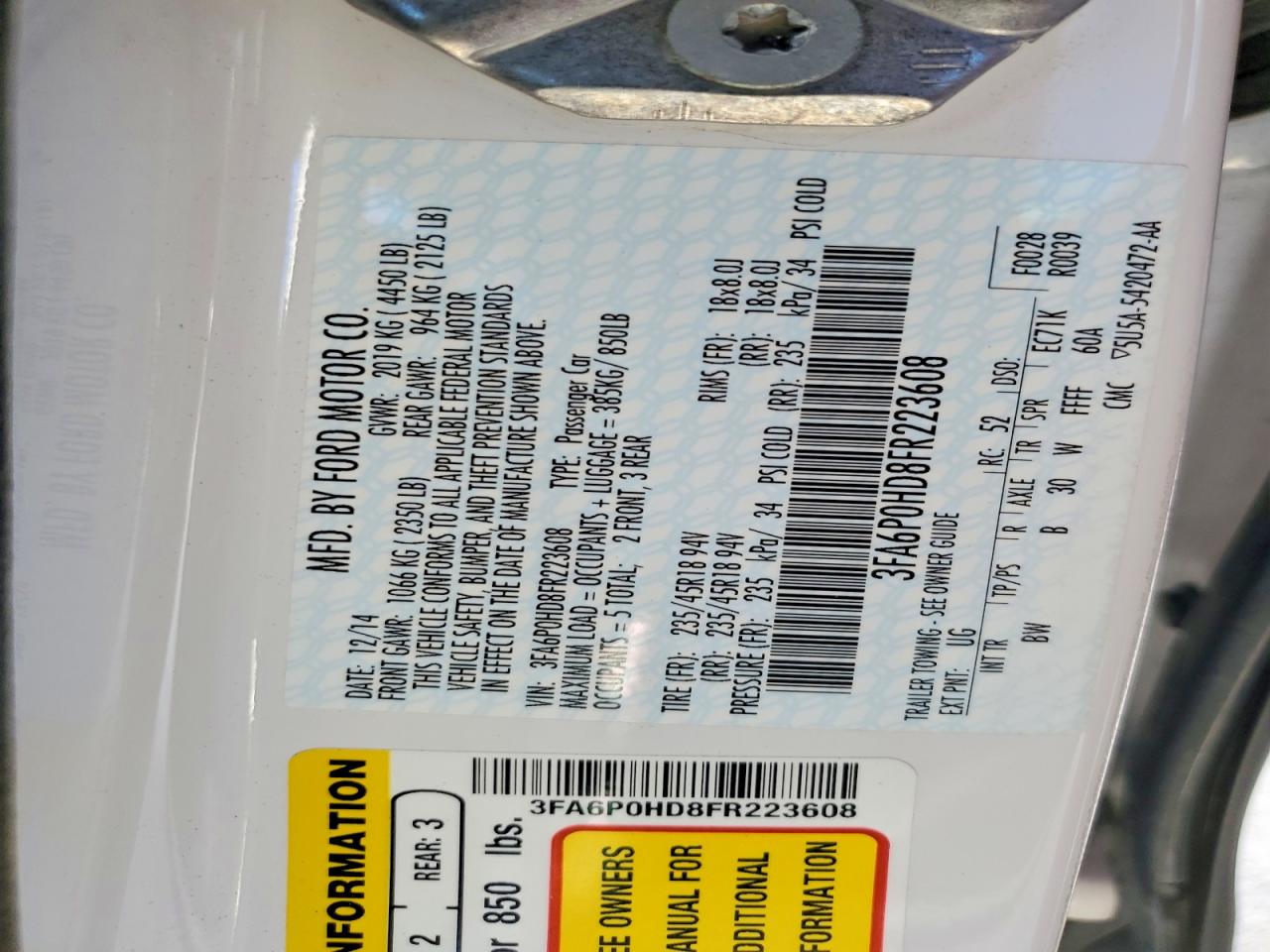 2015 FORD FUSION SE photo 12